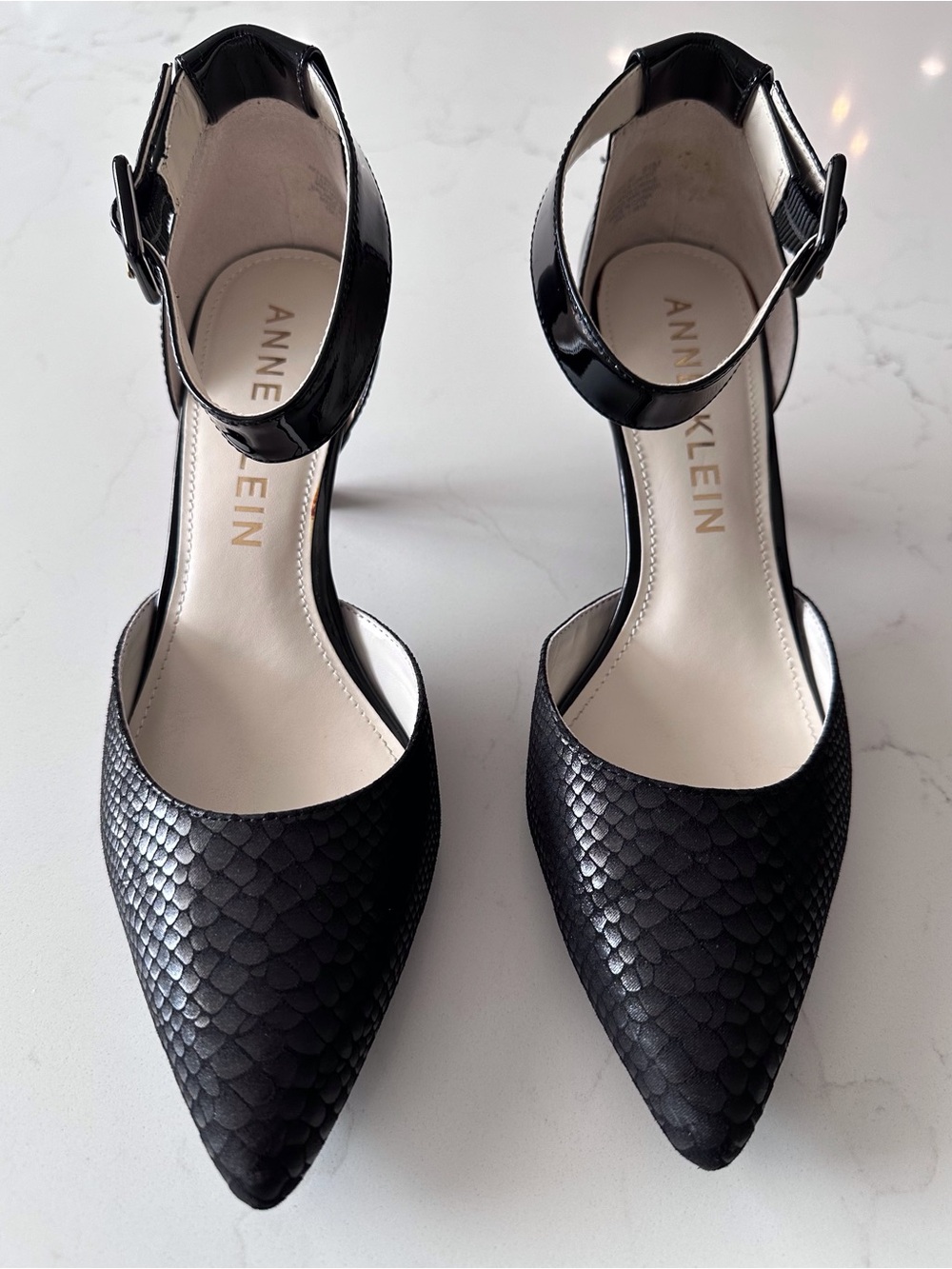 Anne Klein Black Textured Pointed Ankle-Strap Pumps